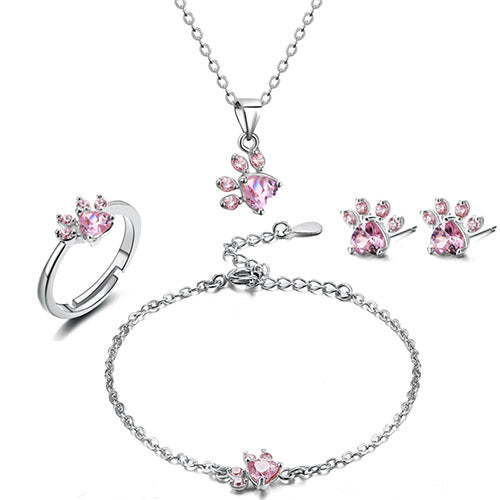 4-Piece Paw Jewellery Set for Women – Rose Gold with Zirconia Heart
