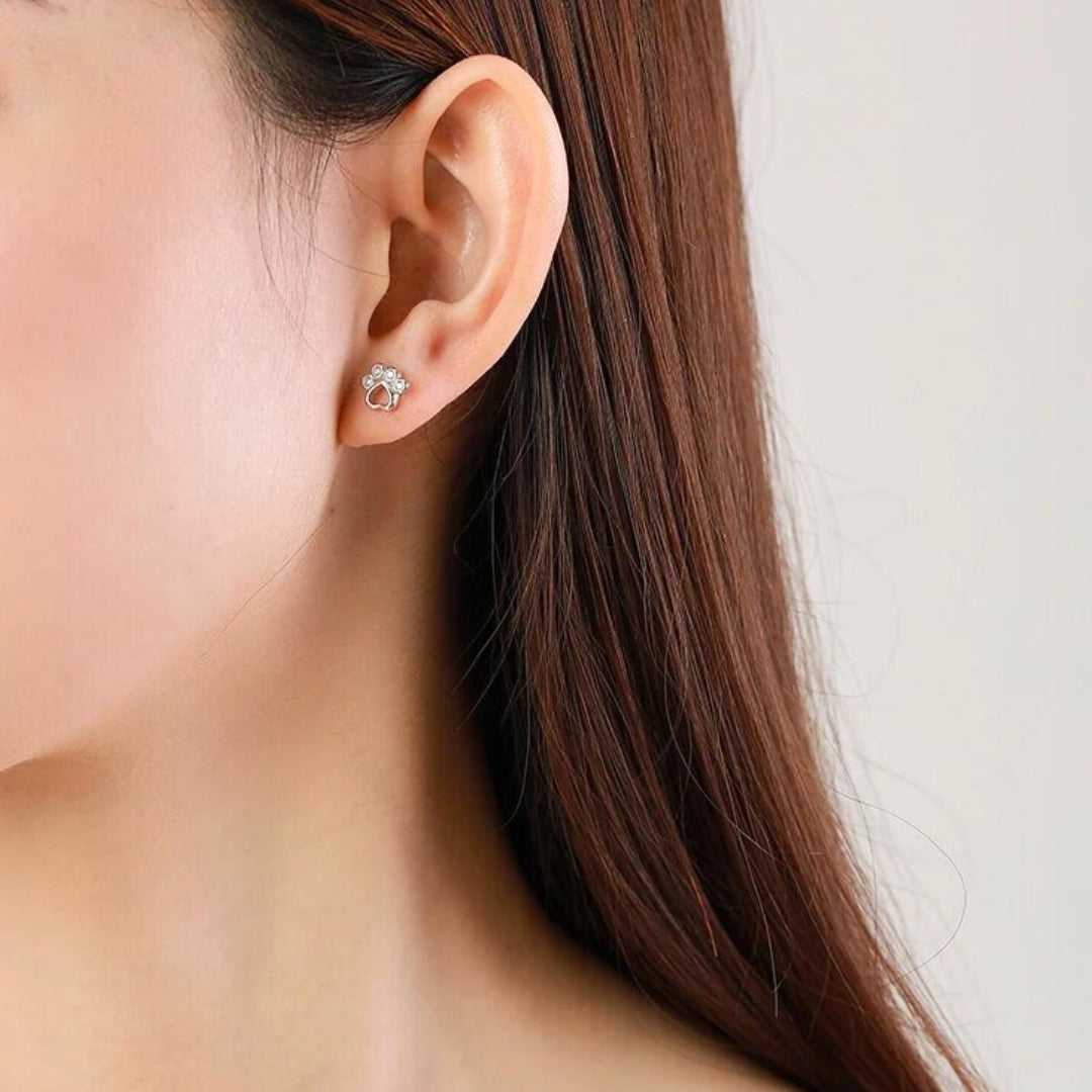 Silver Paw Stud Earrings with Zirconia