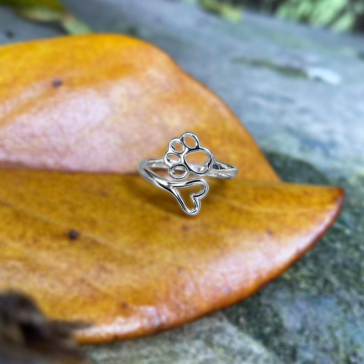 Adjustable Paw & Heart Ring in Stainless Steel