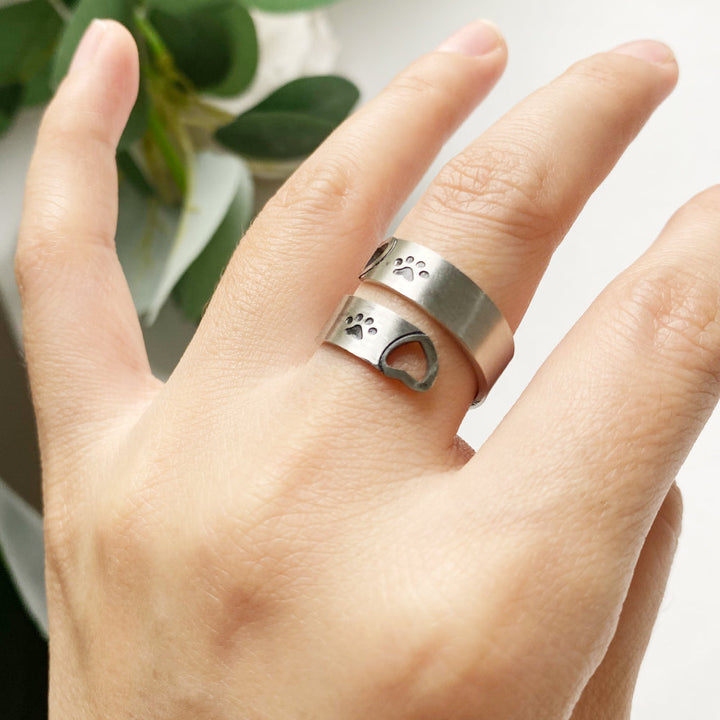 Adjustable Stainless Steel Paw & Heart Twist Ring