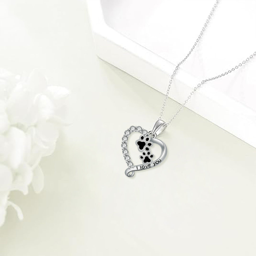 Heart & Paw Pendant Necklace in Black Silver