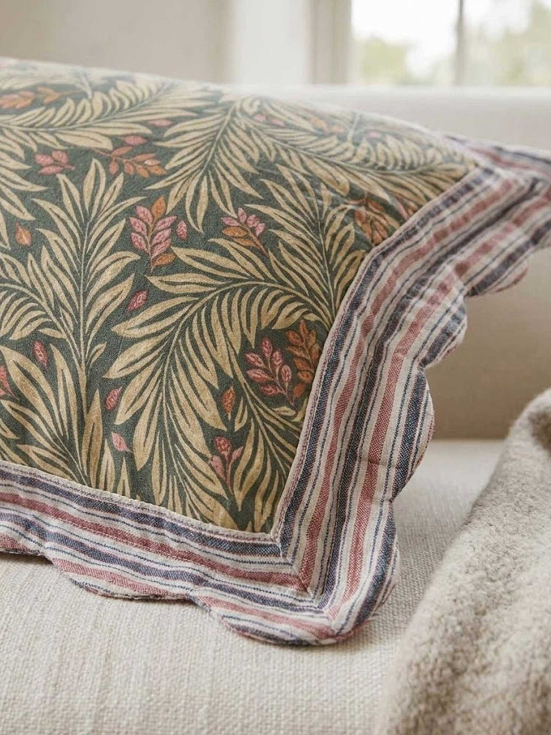 Sage Green Botanical Leaf Scalloped Edge Rectangular Throw Pillow Cover
