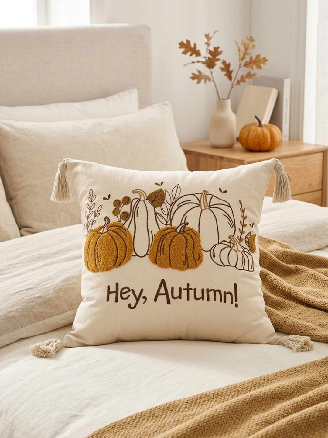Hey, Autumn! Pumpkin Tassel Throw Pillow Cover