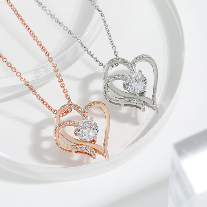 Double Heart Necklace with Zirconia – Adjustable Women's Necklace