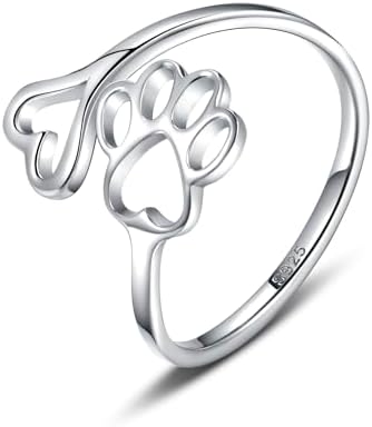 Handcrafted Adjustable Sterling Silver Ring with Paw Print & Heart