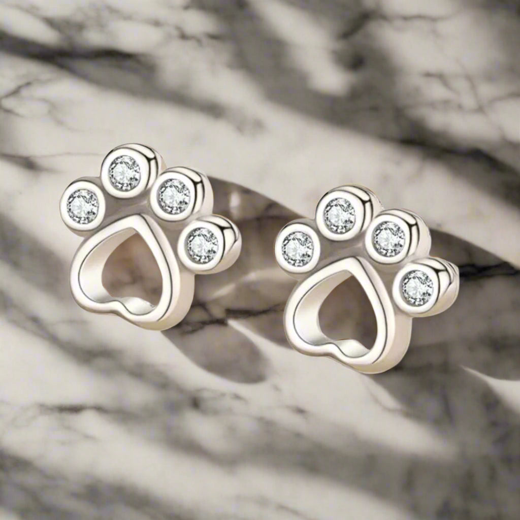 Silver Paw Stud Earrings with Zirconia