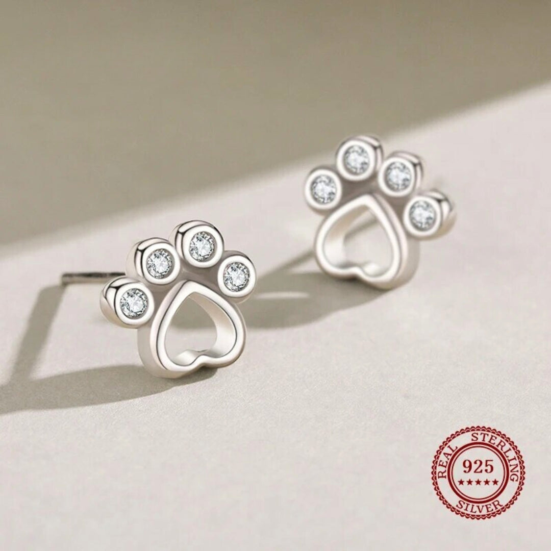 Silver Paw Stud Earrings with Zirconia