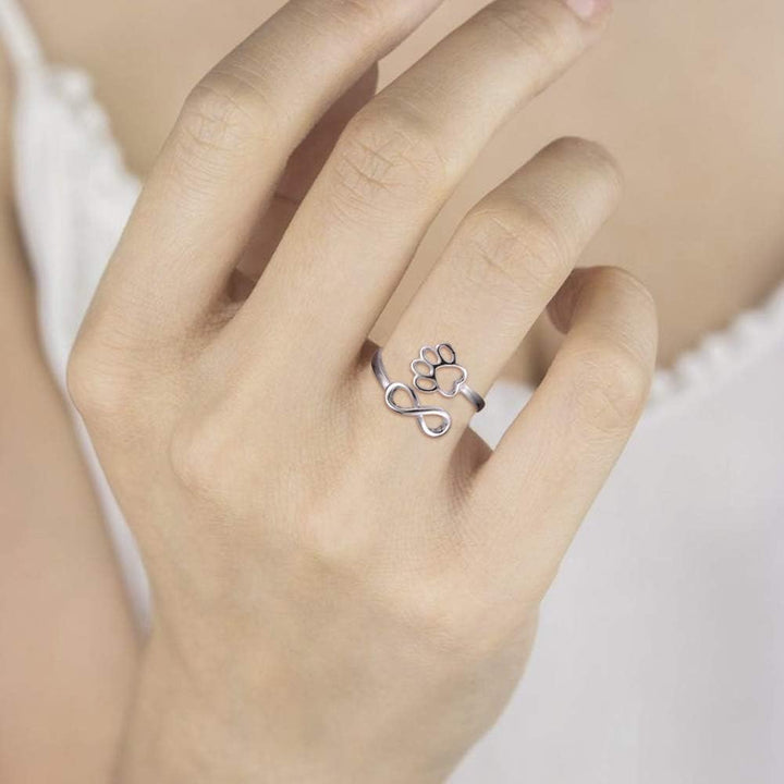Handcrafted Adjustable Sterling Silver Ring with Paw Print & Heart