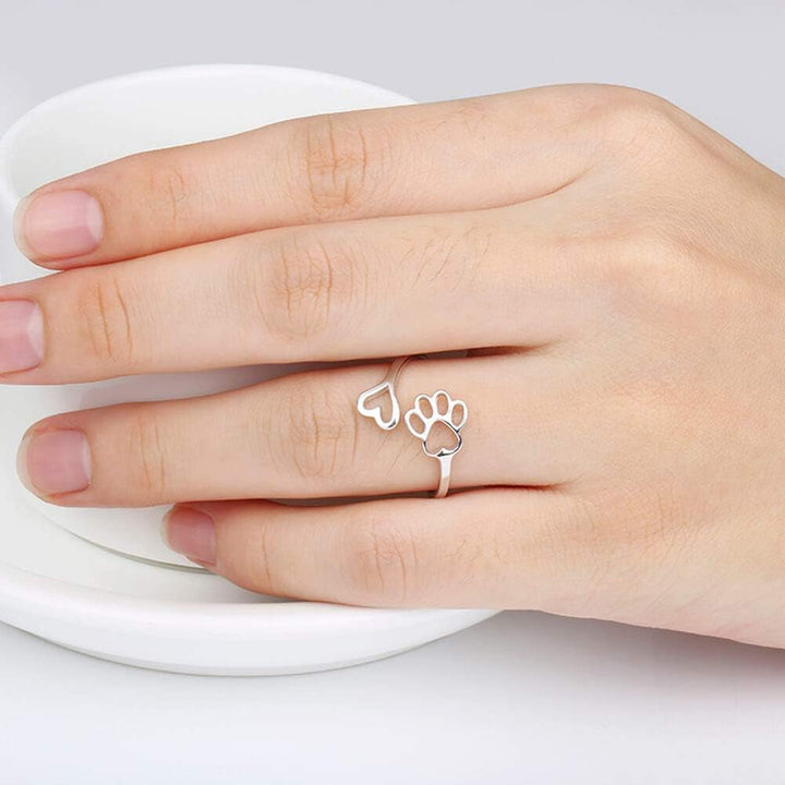 Handcrafted Adjustable Sterling Silver Ring with Paw Print & Heart
