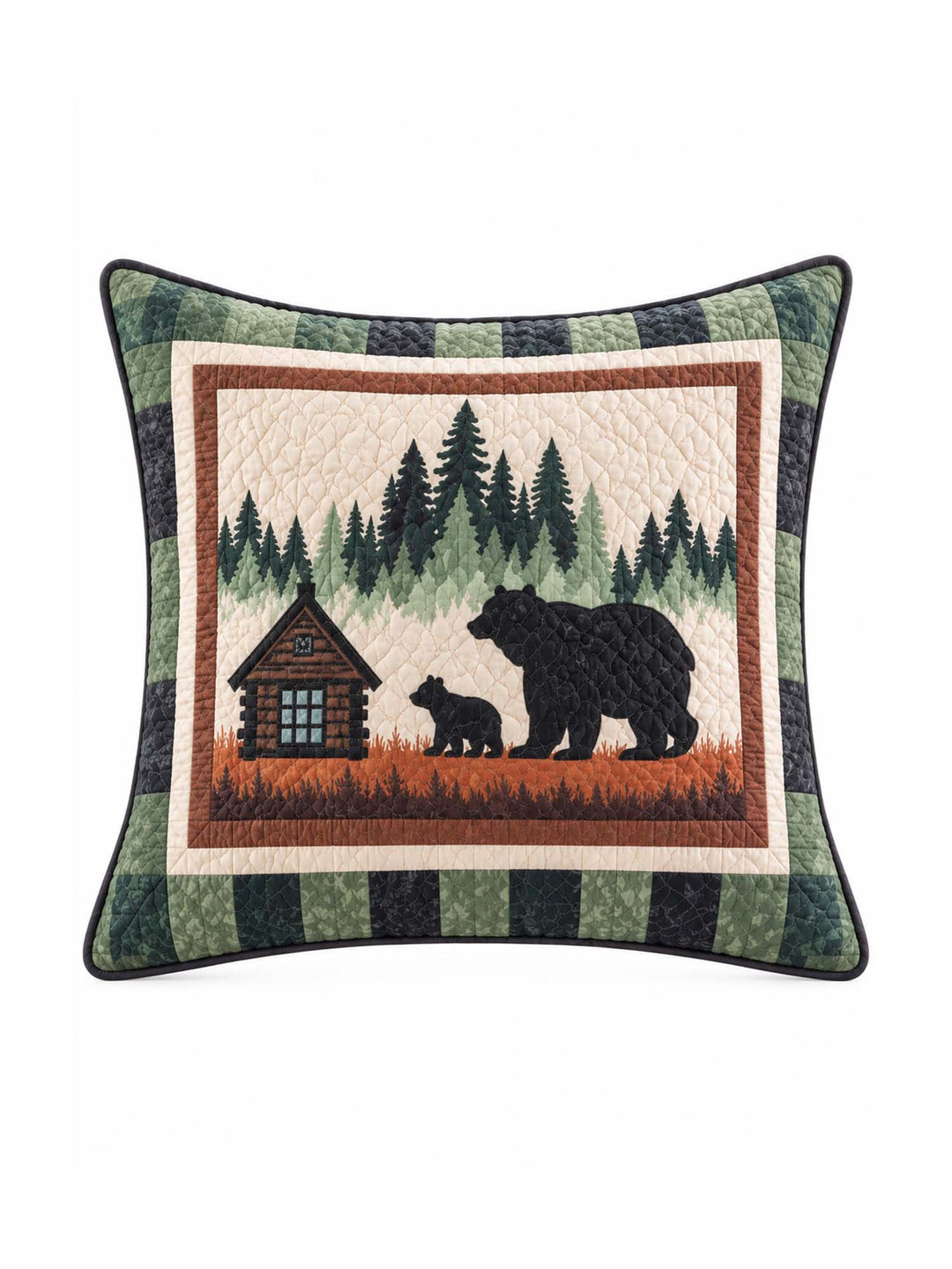 Woodland Bear Family Cabin Quilted Pillow Cover