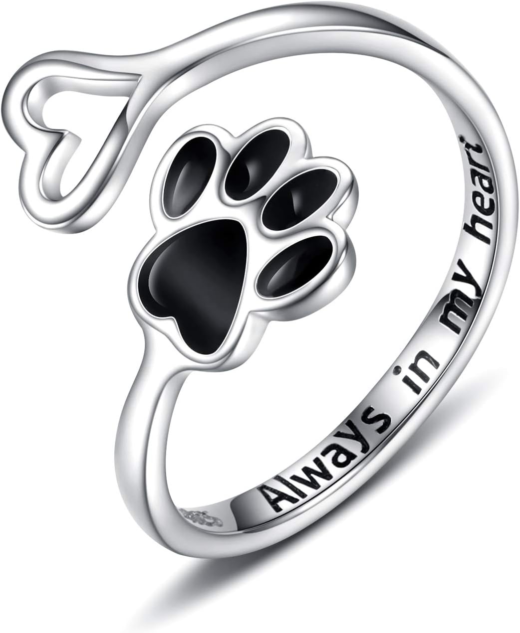 Handcrafted Adjustable Sterling Silver Ring with Paw Print & Heart