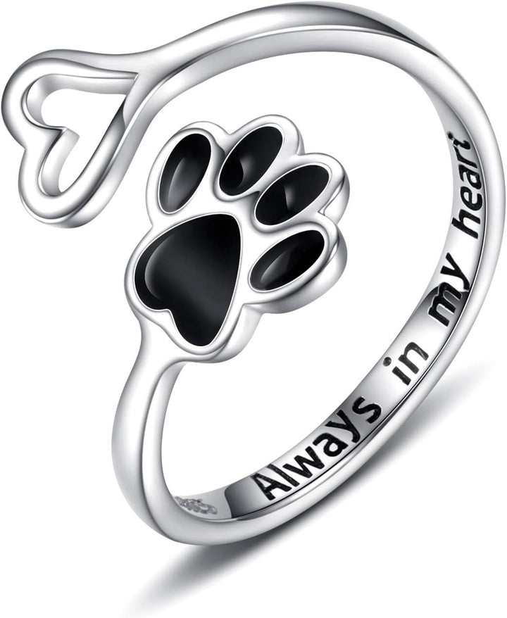 Handcrafted Adjustable Sterling Silver Ring with Paw Print & Heart