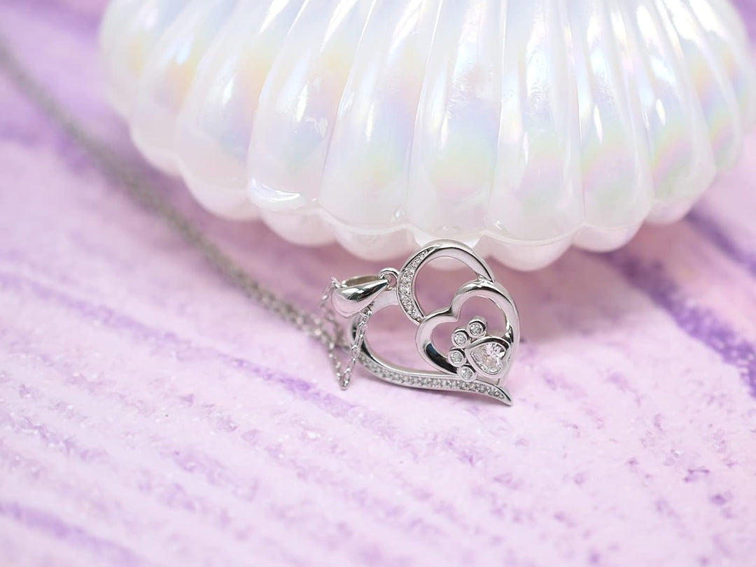 Pelican Necklace for Women – Sterling Silver Heart Pendant with Paw Print and Zirconia