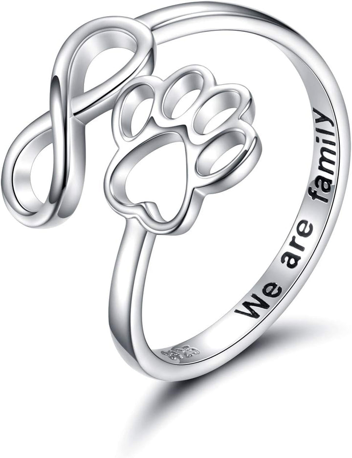 Handcrafted Adjustable Sterling Silver Ring with Paw Print & Heart