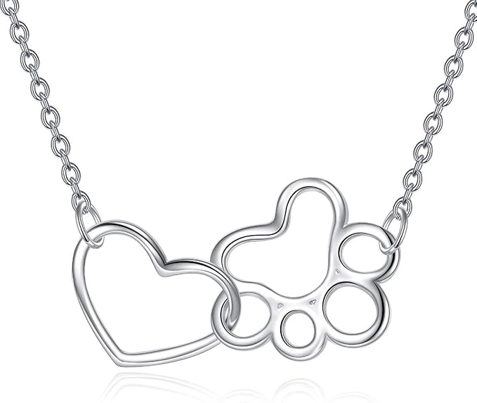 Sterling Silver Paw Print Necklace – Heart Crystal Pendant with Dog Paw