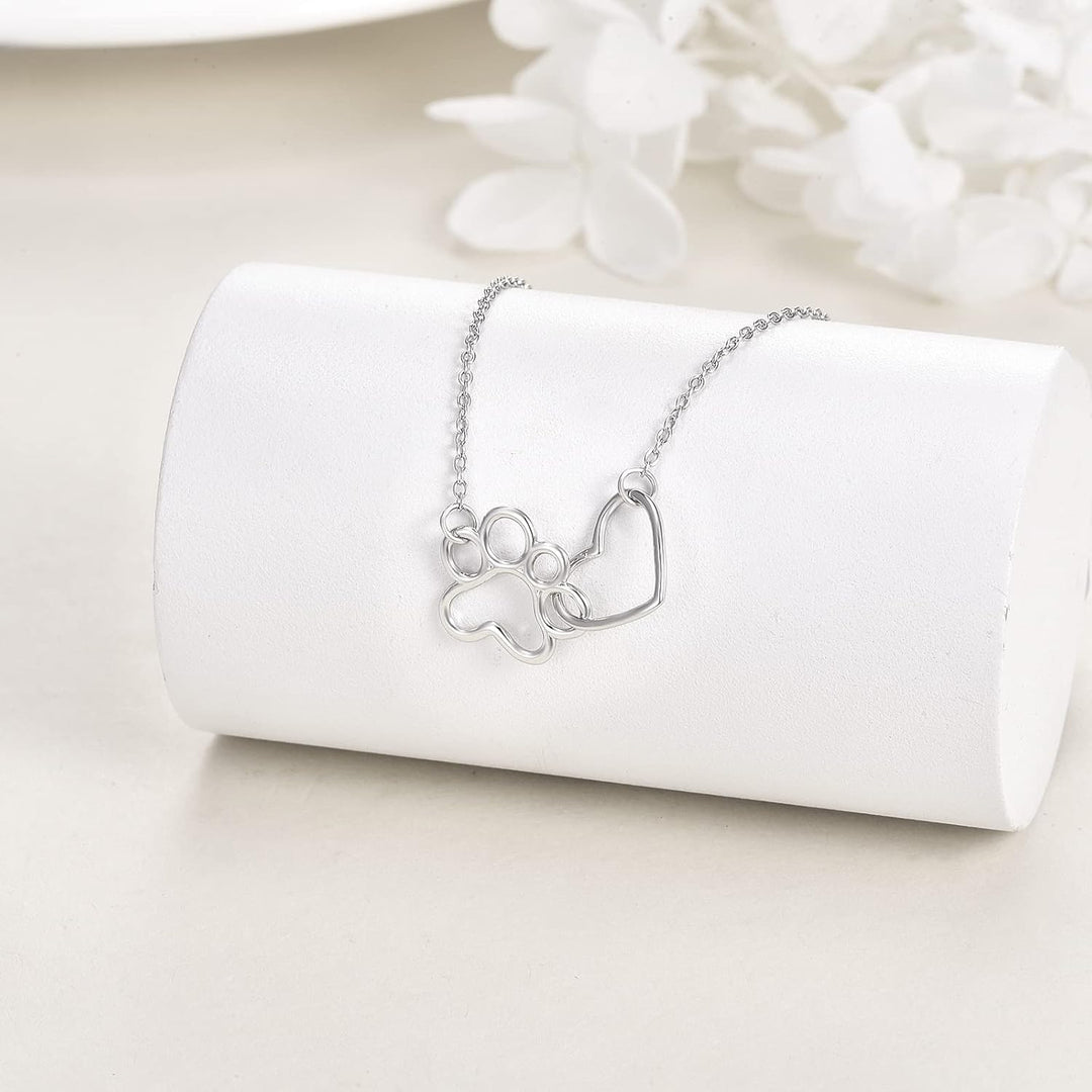 Sterling Silver Paw Print Necklace – Heart Crystal Pendant with Dog Paw