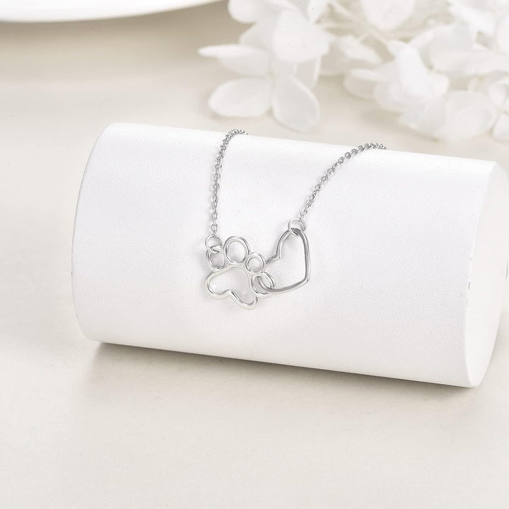 Sterling Silver Paw Print Necklace – Heart Crystal Pendant with Dog Paw