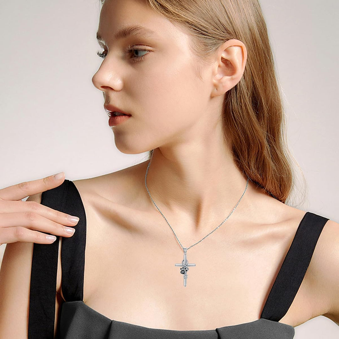 Sterling Silver Necklace – Paw Print / Cross Pendant