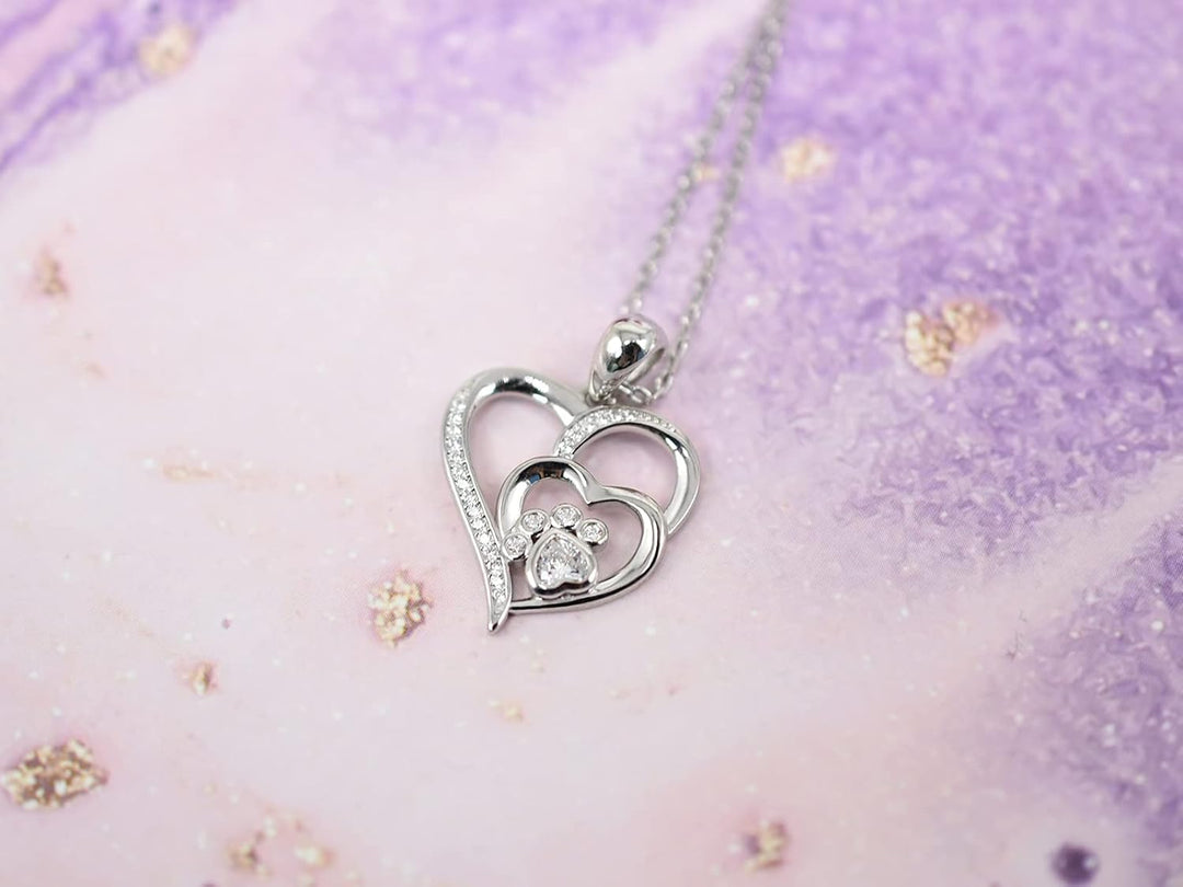 Pelican Necklace for Women – Sterling Silver Heart Pendant with Paw Print and Zirconia