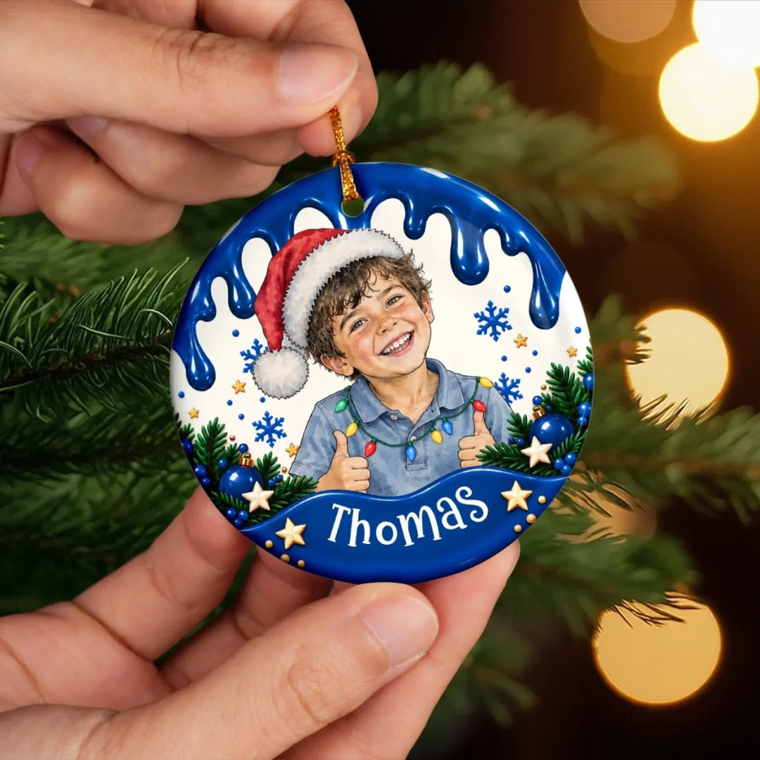Custom Photo Name Christmas Keepsake Gifts for Kids - Personalized Ceramic Ornament