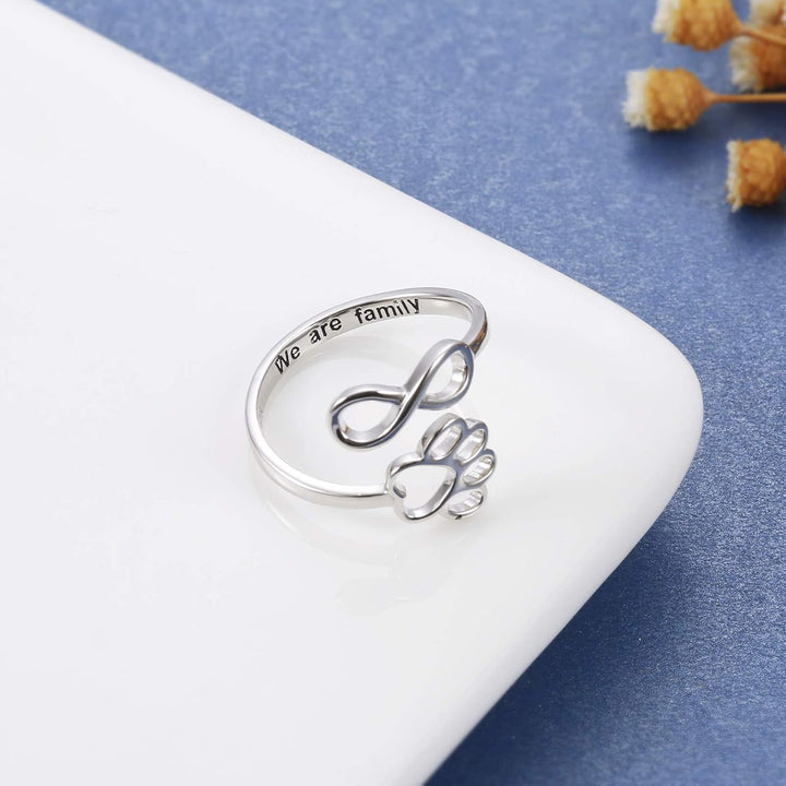 Handcrafted Adjustable Sterling Silver Ring with Paw Print & Heart