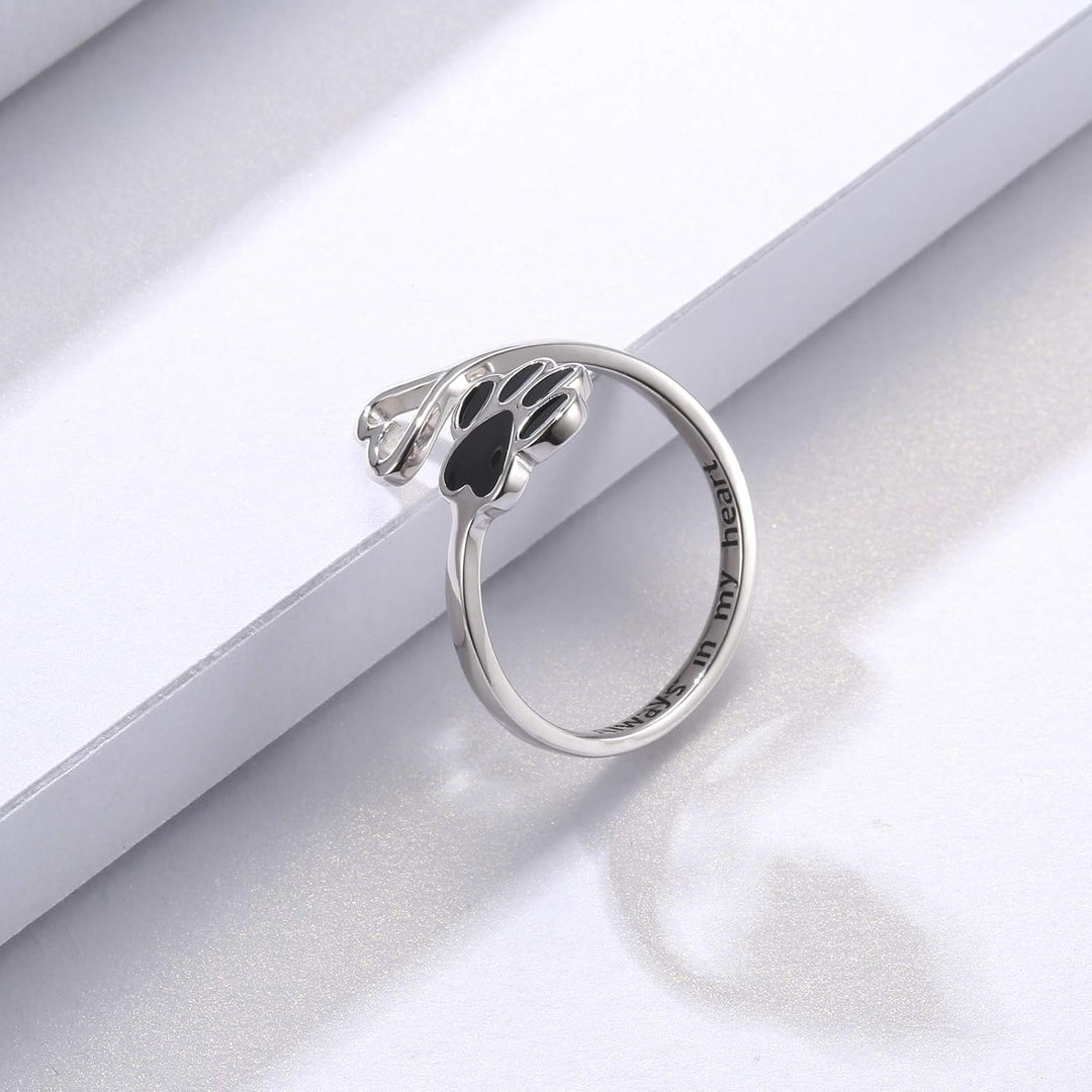 Handcrafted Adjustable Sterling Silver Ring with Paw Print & Heart