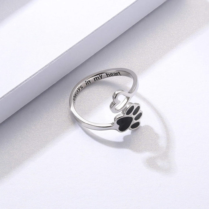 Handcrafted Adjustable Sterling Silver Ring with Paw Print & Heart