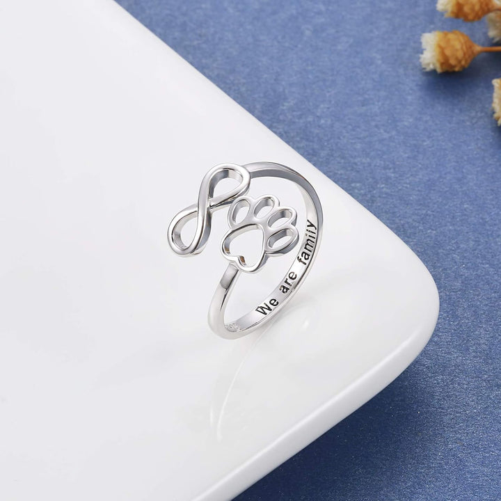 Handcrafted Adjustable Sterling Silver Ring with Paw Print & Heart
