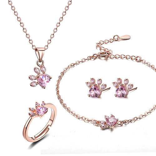 4-Piece Paw Jewellery Set for Women – Rose Gold with Zirconia Heart