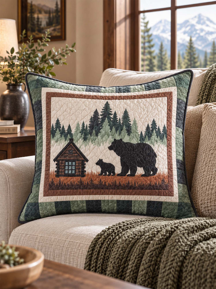 Woodland Bear Family Cabin Quilted Pillow Cover