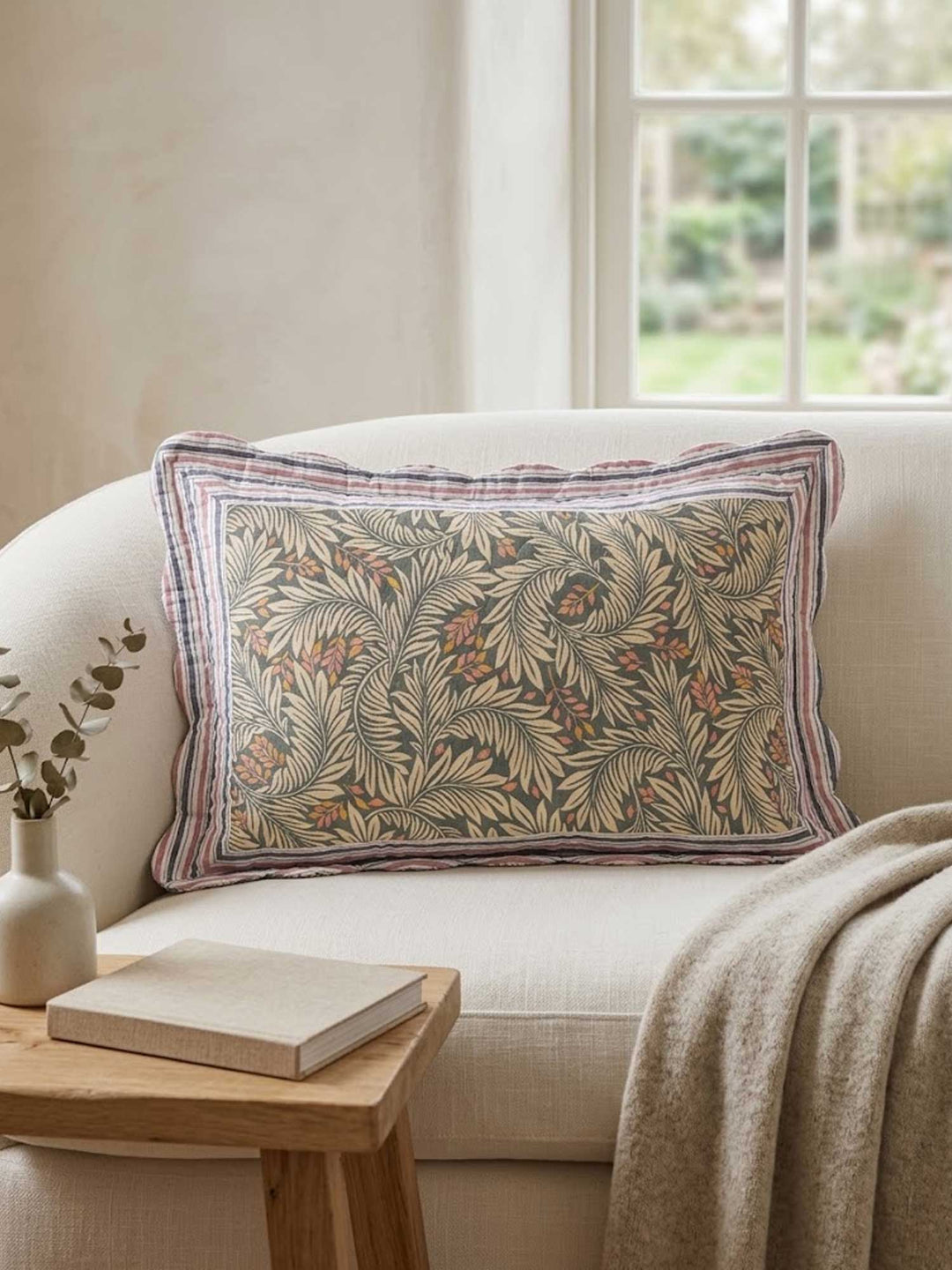 Sage Green Botanical Leaf Scalloped Edge Rectangular Throw Pillow Cover
