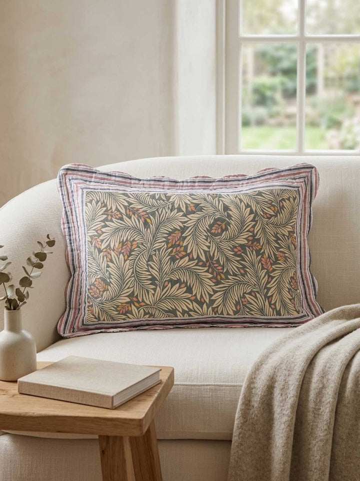 Sage Green Botanical Leaf Scalloped Edge Rectangular Throw Pillow Cover