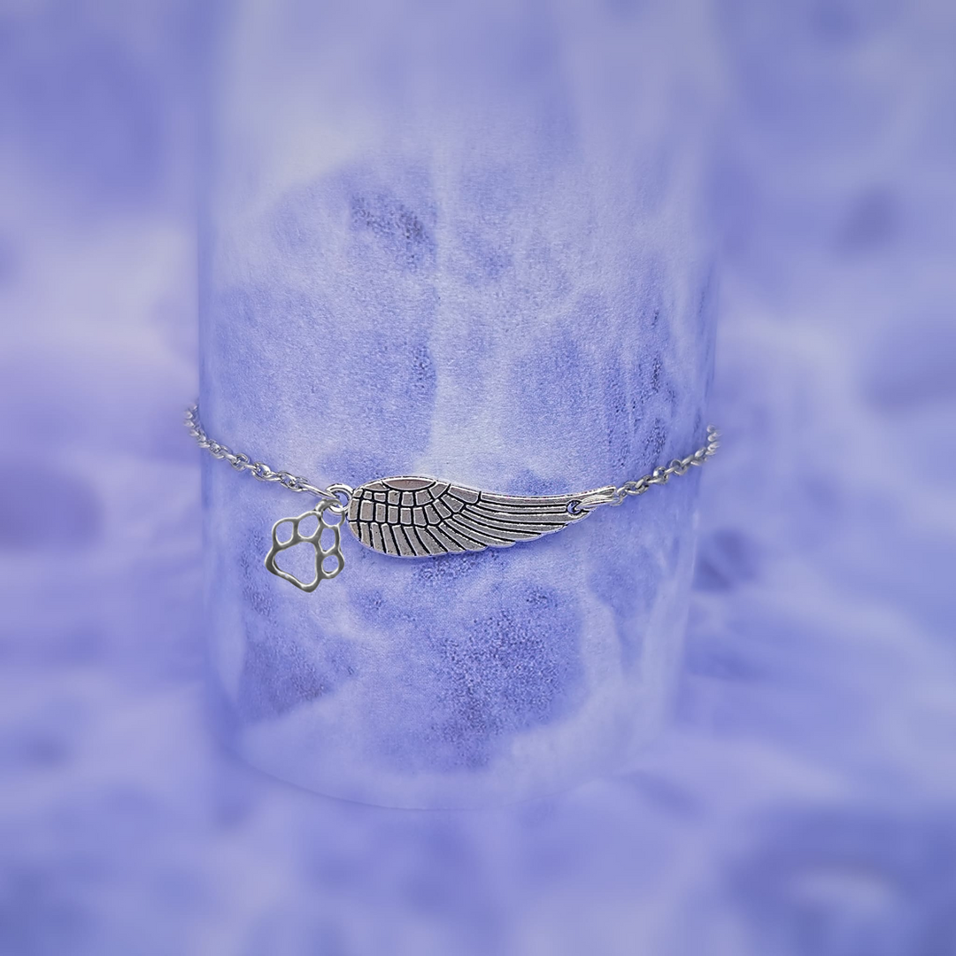 Silver Memorial Bracelet with Angel Wings and Paw Print – Handmade