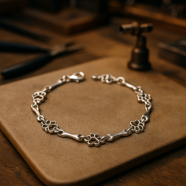 Solid Silver Bracelet with Dog Paw & Bone Charms