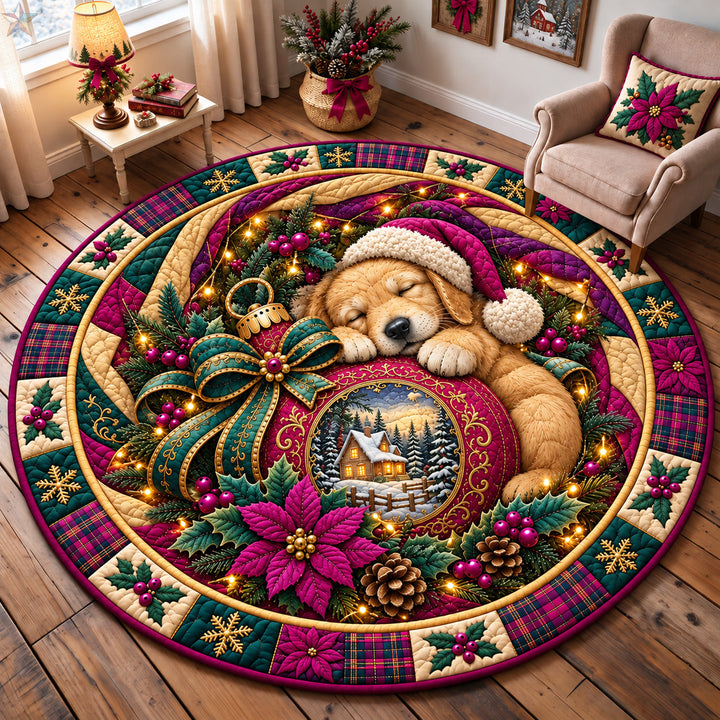 Sleeping Golden Retriever Christmas Quilted Round Mat