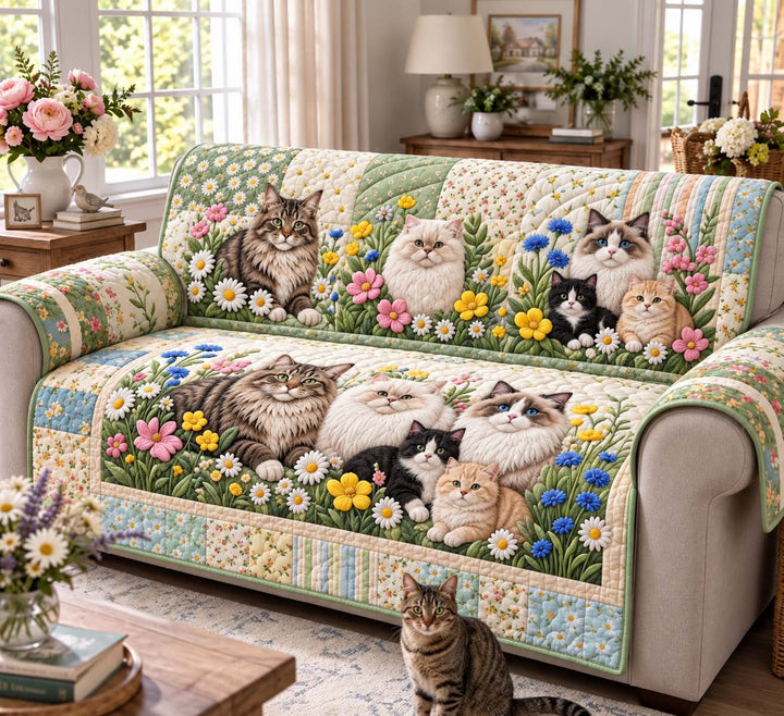 Wildflower Meadow Cats Quilted Sofa Cover GFTONTD3275