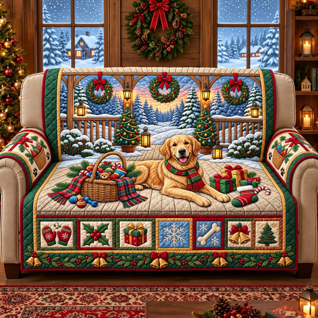 Golden Christmas Quilted Sofa Cover GFTOPND3456