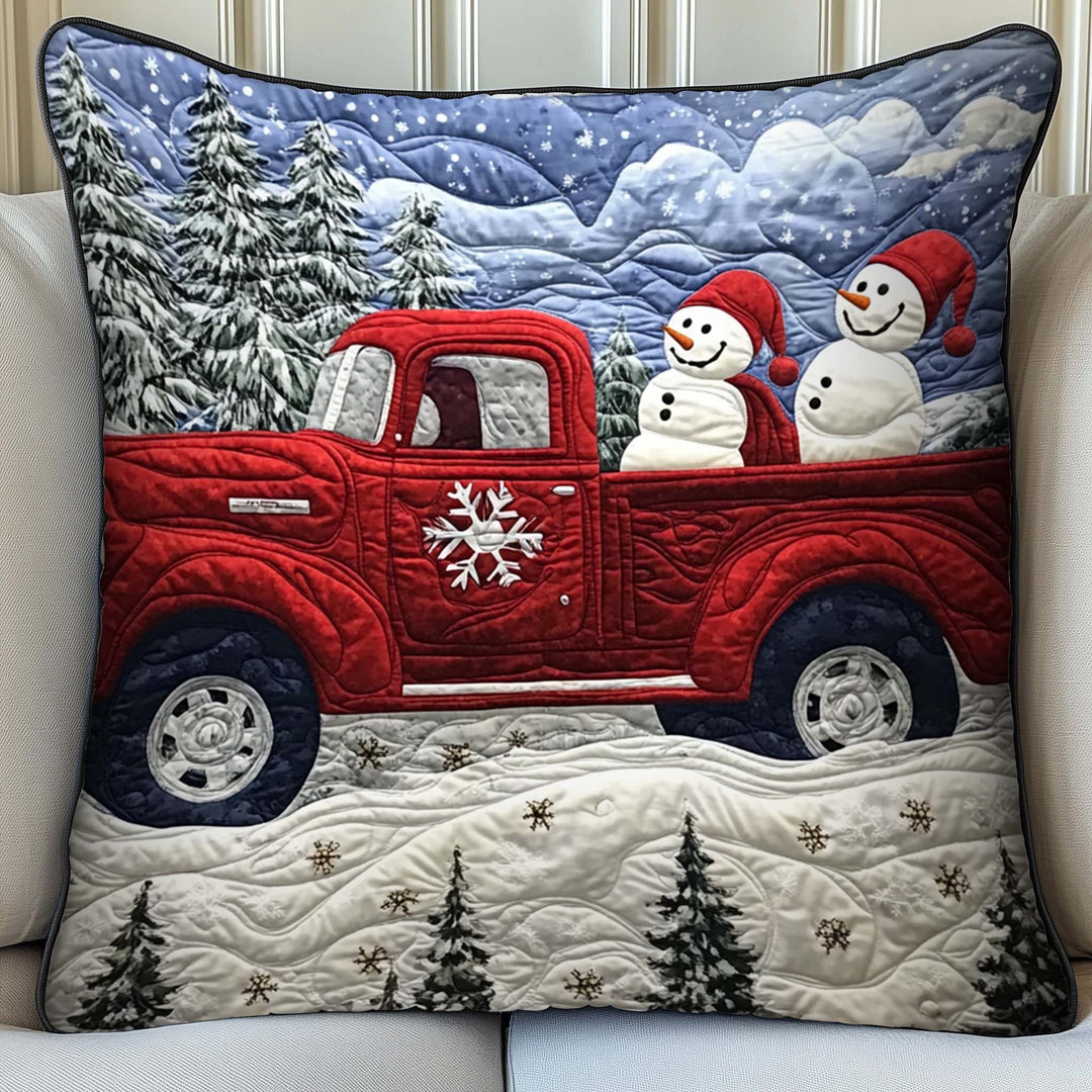 Snowman Red Truck Quilted Pillow Case