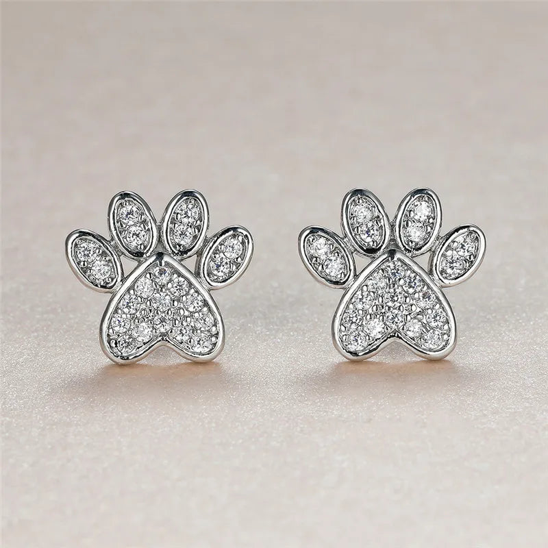 Heart-Shaped Cat Paw Stud Earrings with White Zirconia
