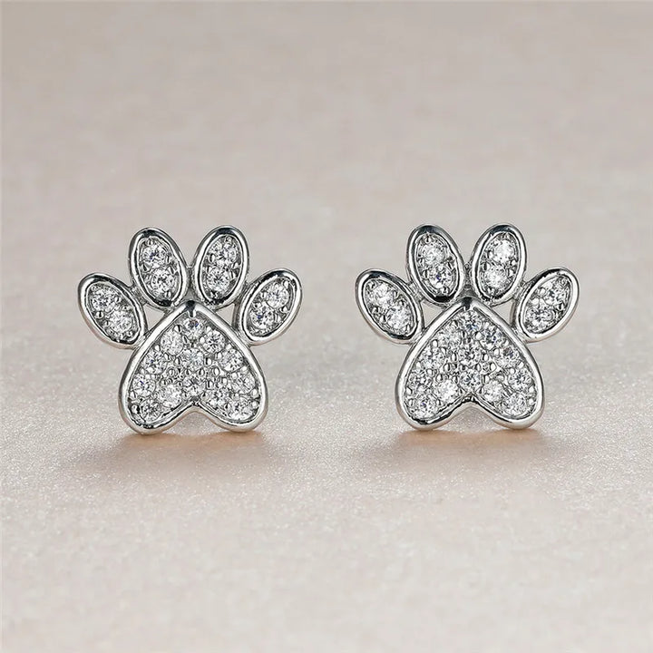Heart-Shaped Cat Paw Stud Earrings with White Zirconia