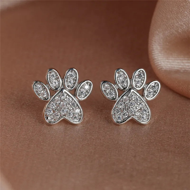 Heart-Shaped Cat Paw Stud Earrings with White Zirconia