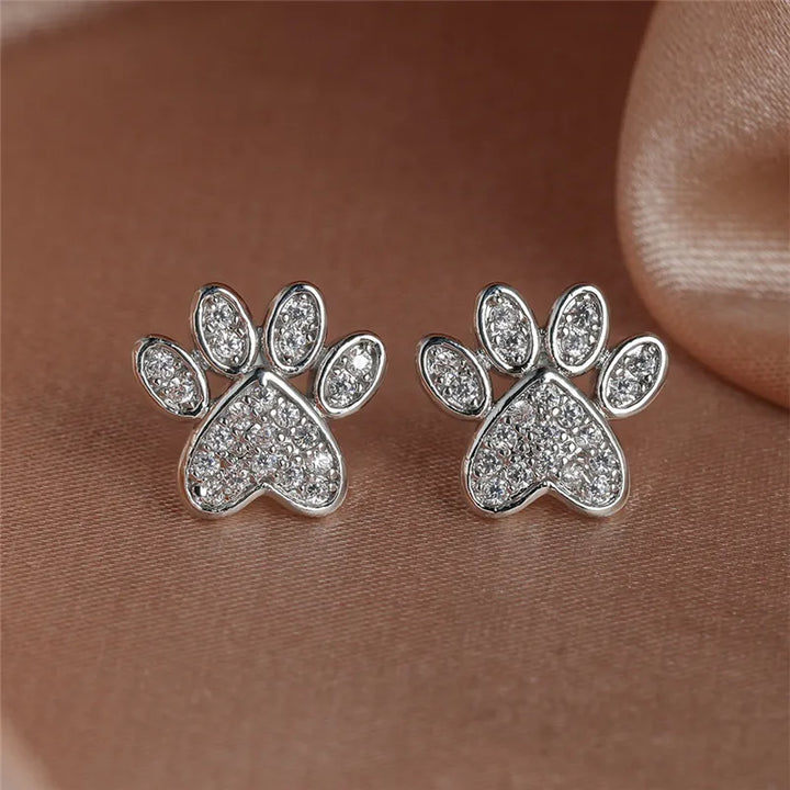 Heart-Shaped Cat Paw Stud Earrings with White Zirconia