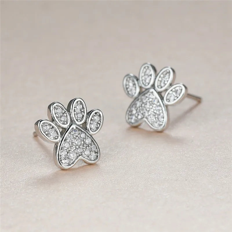 Heart-Shaped Cat Paw Stud Earrings with White Zirconia
