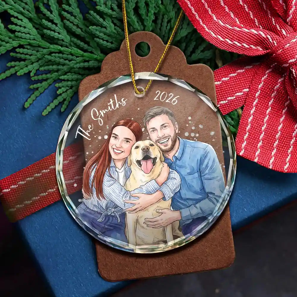 Custom Photo Vivid Watercolor Art Anniversary Loving Couple - Personalized Circle Glass Ornament