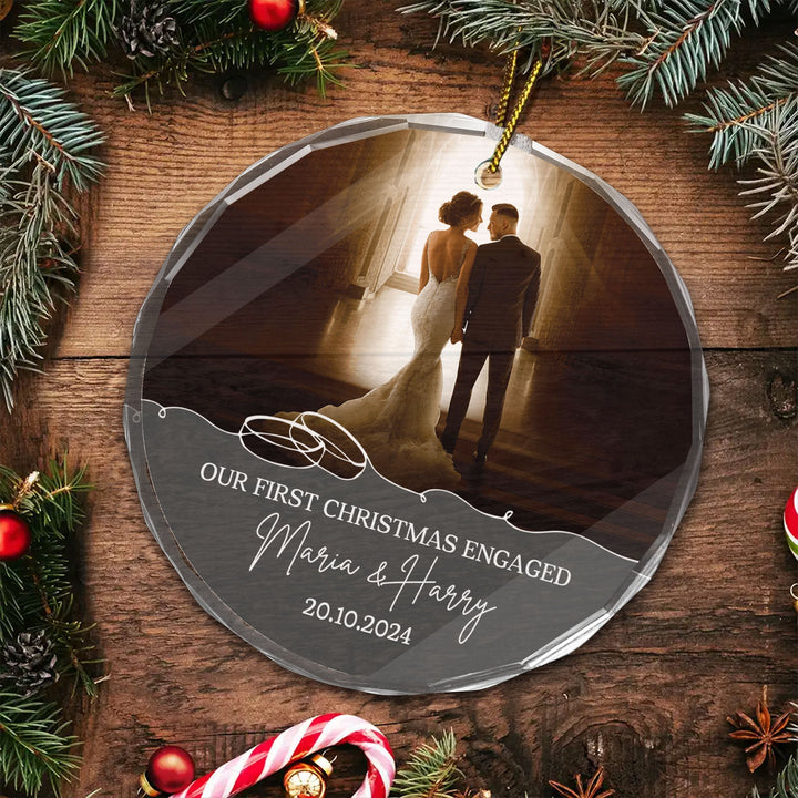 Custom Photo First Christmas Engaged - Gift for Couples, Wedding - Personalized Glass Ornament NH96