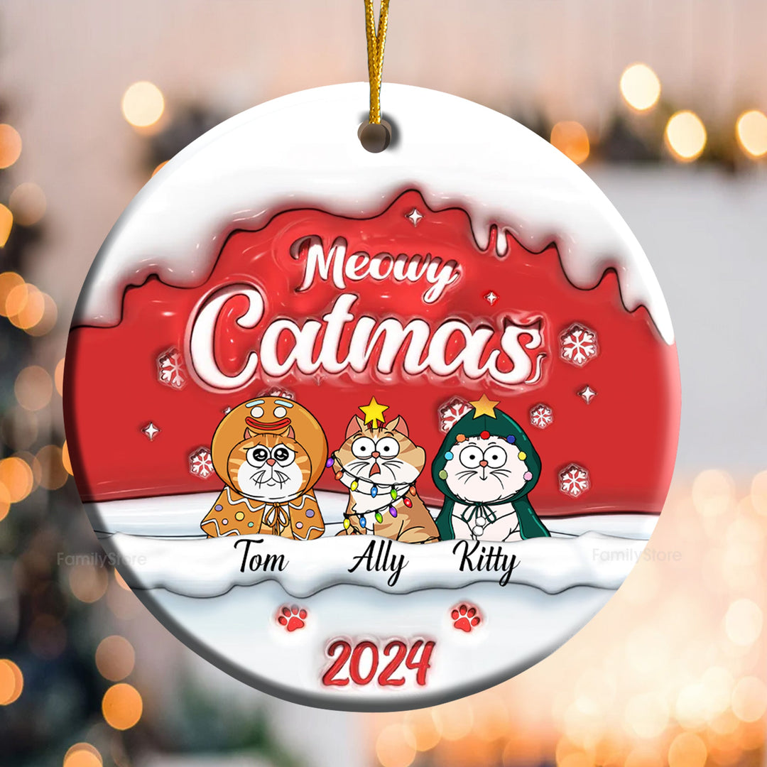 Happy Pawlidays Meowy Catmas 3D Inflated Effect - Gift For Cat Lover, Pet Lovers - Personalized Ceramic Ornament - CLP03 NH96