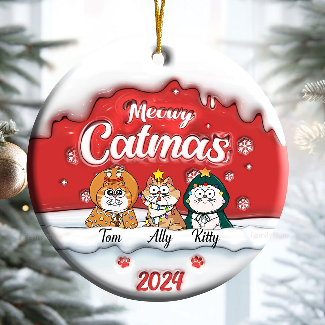 Happy Pawlidays Meowy Catmas 3D Inflated Effect - Gift For Cat Lover, Pet Lovers - Personalized Ceramic Ornament - CLP03 NH96