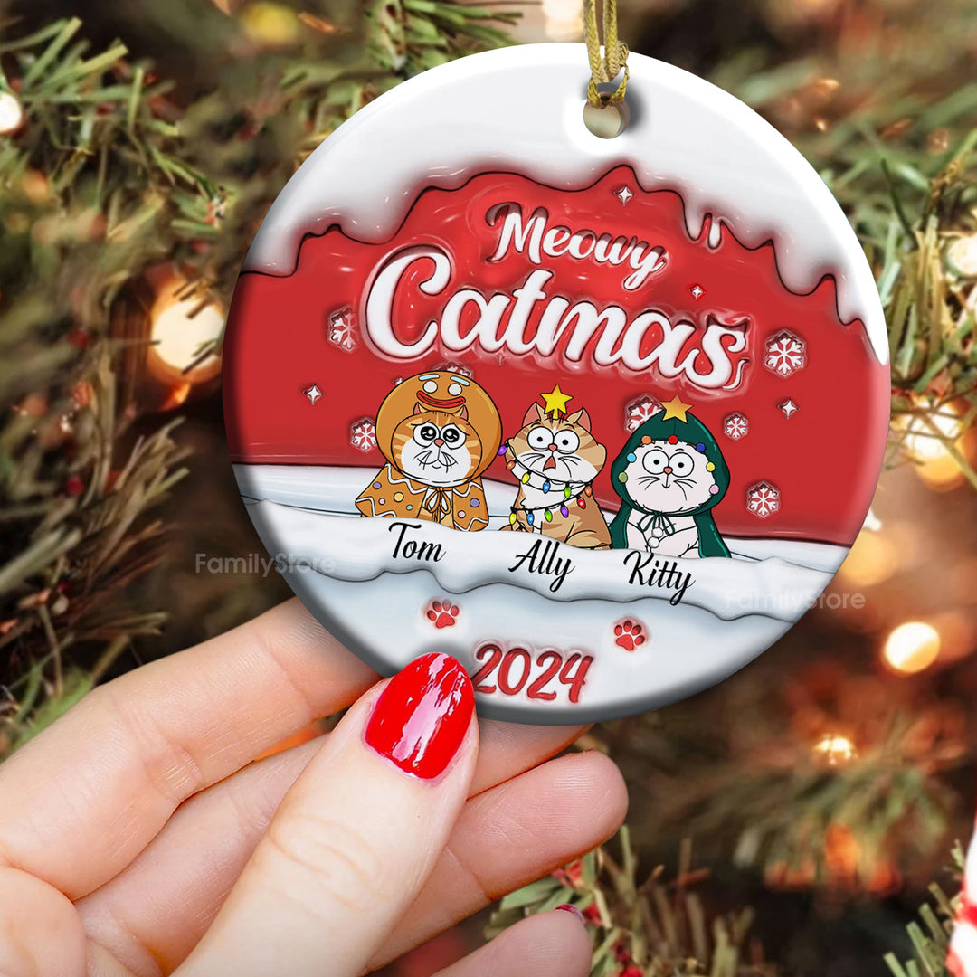 Happy Pawlidays Meowy Catmas 3D Inflated Effect - Gift For Cat Lover, Pet Lovers - Personalized Ceramic Ornament - CLP03 NH96