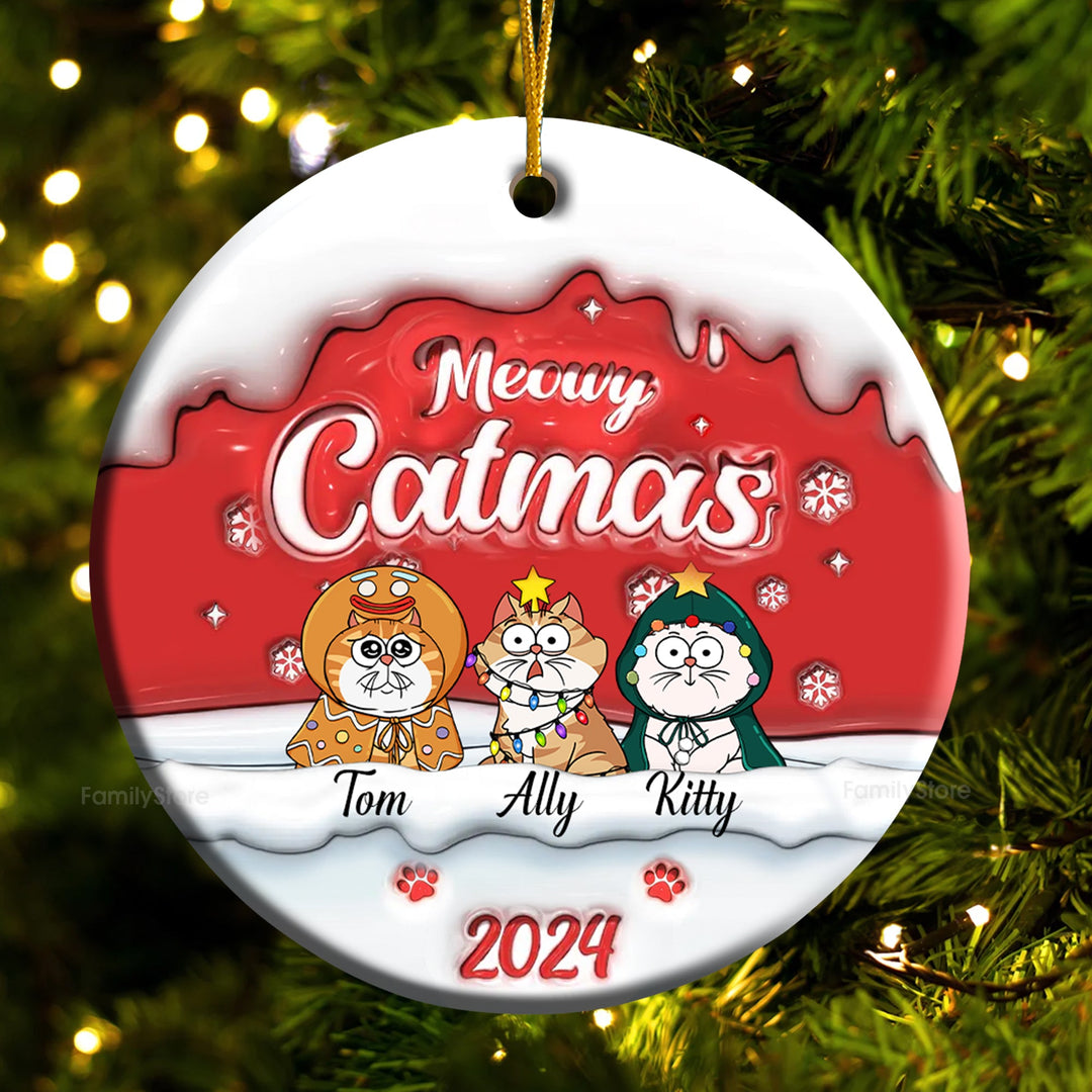 Happy Pawlidays Meowy Catmas 3D Inflated Effect - Gift For Cat Lover, Pet Lovers - Personalized Ceramic Ornament - CLP03 NH96