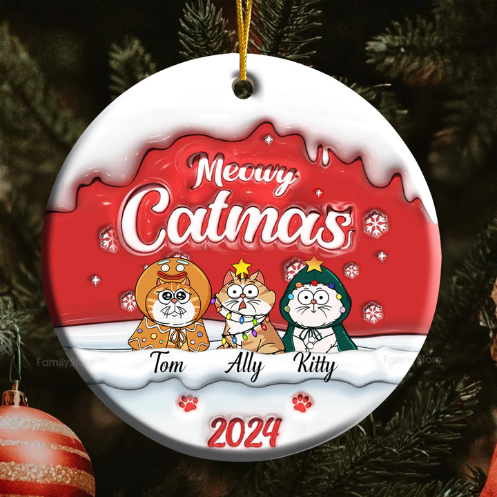 Happy Pawlidays Meowy Catmas 3D Inflated Effect - Gift For Cat Lover, Pet Lovers - Personalized Ceramic Ornament - CLP03 NH96